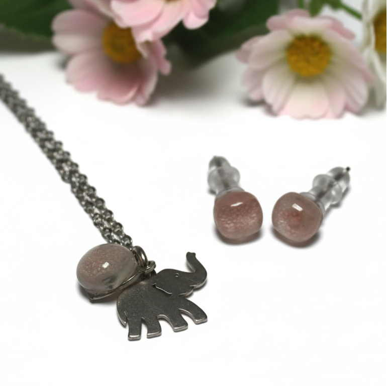 Elephant themed set. Post studs earrings and pendant. Recycled Fused glass pendant. Handmade bead. Hypoallergenic steel.