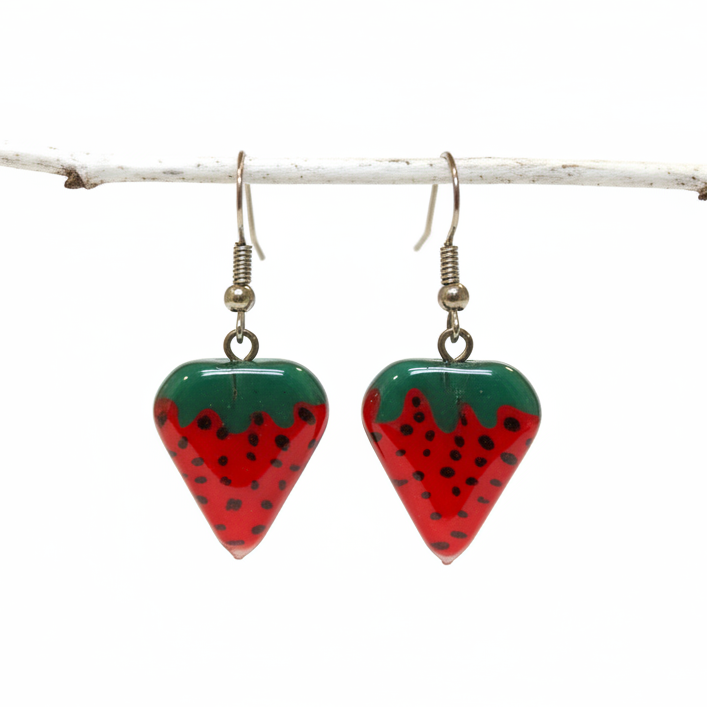 Strawberry shaped handmade recycled Fused glass beads, Small Drop earrings, Hand cut  Dangle earrings. Fun glass jewelry