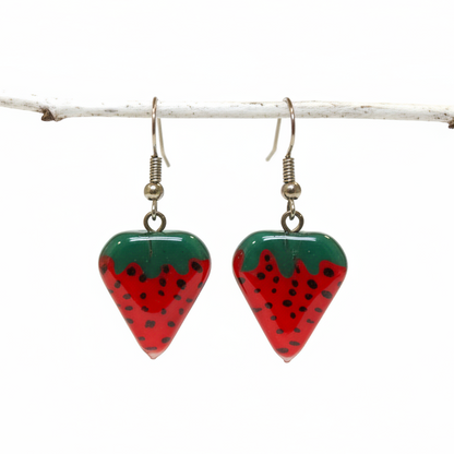 Strawberry shaped handmade recycled Fused glass beads, Small Drop earrings, Hand cut  Dangle earrings. Fun glass jewelry