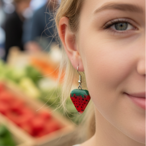 Strawberry shaped handmade recycled Fused glass beads, Small Drop earrings, Hand cut  Dangle earrings. Fun glass jewelry