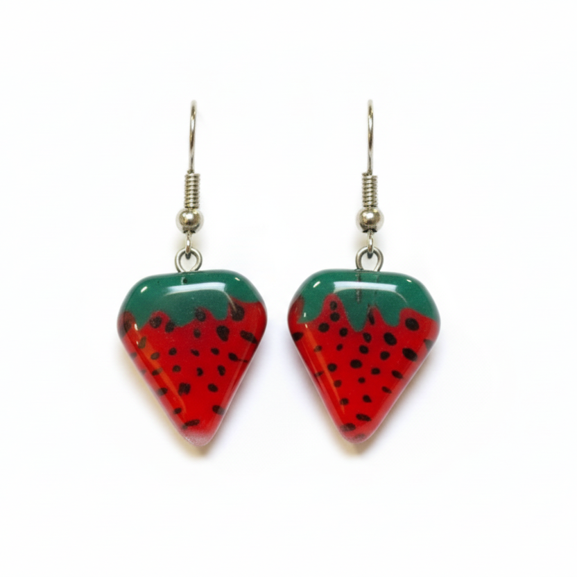 Strawberry shaped handmade recycled Fused glass beads, Small Drop earrings, Hand cut  Dangle earrings. Fun glass jewelry