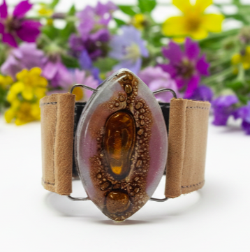 Leather cuff. Lilac  and  Brown Fused Glass and  light Brown leather Bracelet.