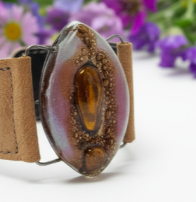 Leather cuff. Lilac  and  Brown Fused Glass and  light Brown leather Bracelet.