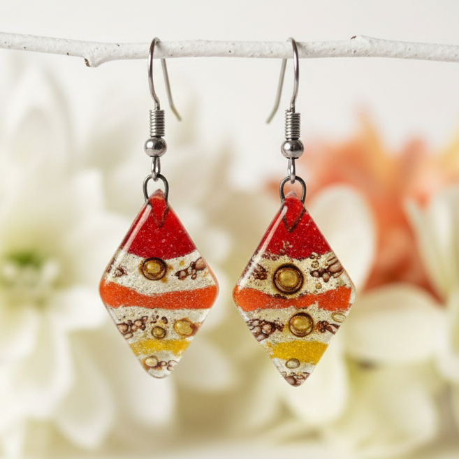 Red, Yellow and Orange Diamond Shaped Earrings. Fused glass Dangle Earrings.