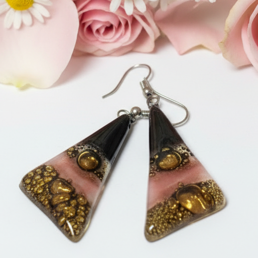 Black, Brown and Pink Triangle Earrings with Long drop Earrings.