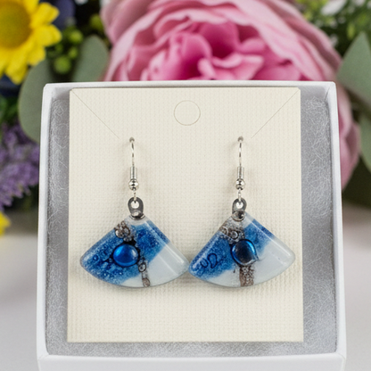 Fan Shaped White Blue and a purply color Recycled Glass Drop Earrings. Dangle Earrings