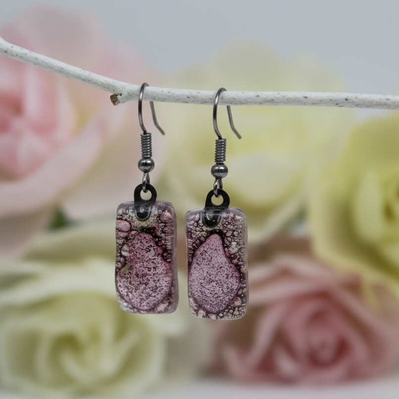 Fused Glass earrings. Purply Bubbly color recycled Glass Earrings. Small Bars dangle earrings