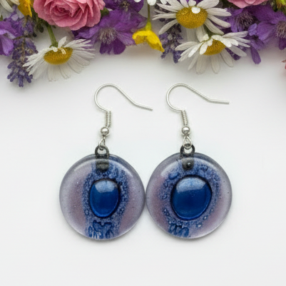 Round Lilac and Blue Dangle earrings. Recycled Fused Glass Drop Earrings. Dangle Earrings