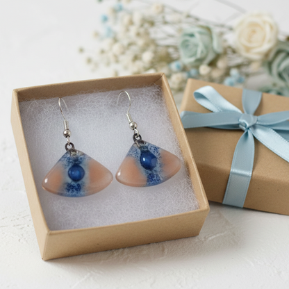 Handmade fused glass drop earrings, Pink and Blue fan shape Recycled dangle earrings.