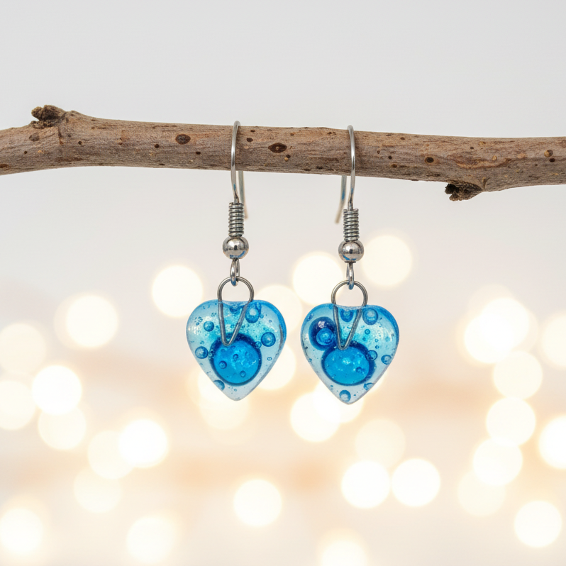 Small heart shapped blue fused glass drop Earrings. Turquoise Recycles Glass dangle Earrings.