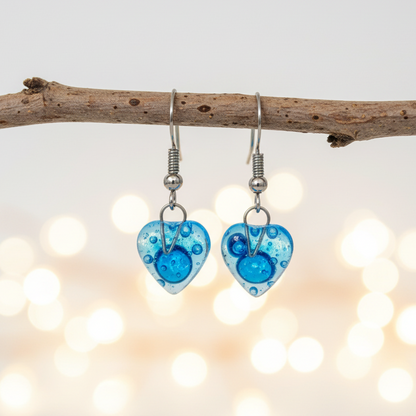 Small heart shapped blue fused glass drop Earrings. Turquoise Recycles Glass dangle Earrings.