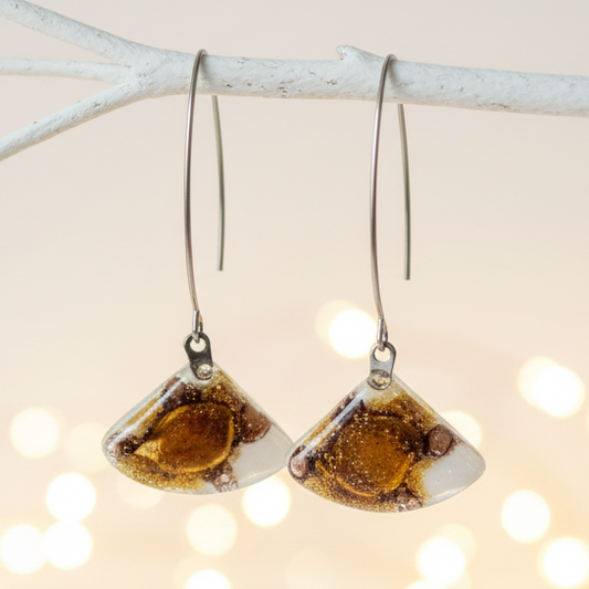 Long fused glass dangle earrings. Open oval V wire on. Handmade recycled glass beads.