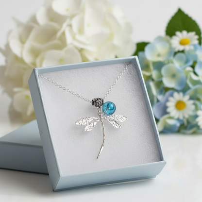 Dragonfly necklace. Recycled fused glass turquoise bead.