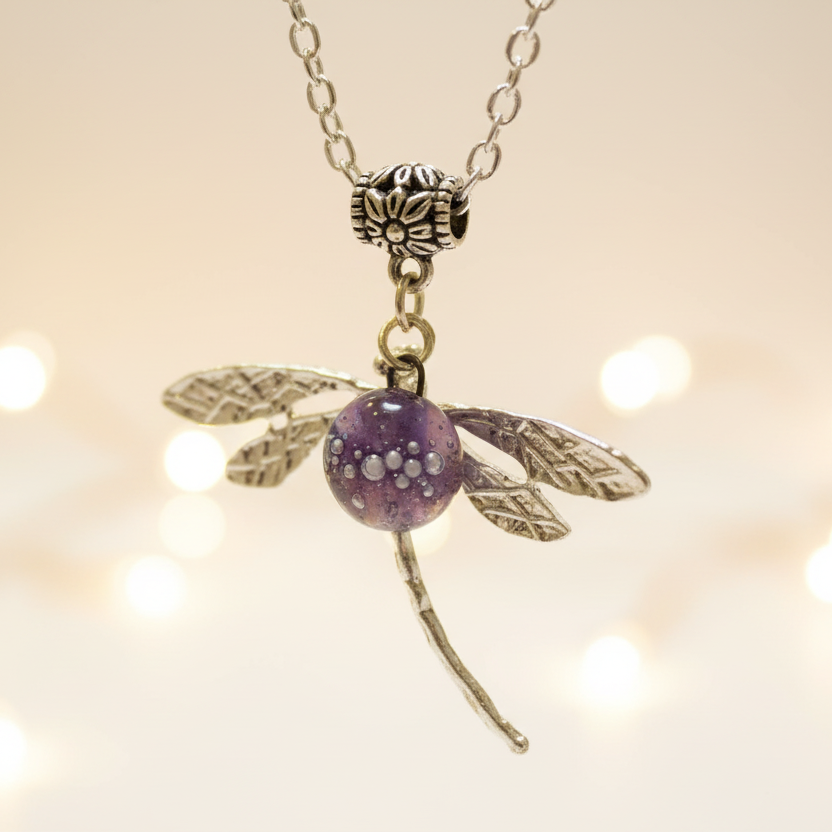 Dragonfly necklace. Recycled fused glass lavender color bead.