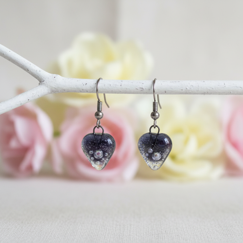 Small purple Earrings. Heart Shape Recycled glass Jewelry. Fused glass purply gray drop Earrings.
