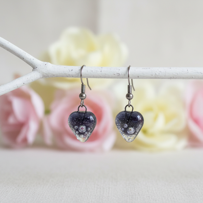 Small purple Earrings. Heart Shape Recycled glass Jewelry. Fused glass purply gray drop Earrings.