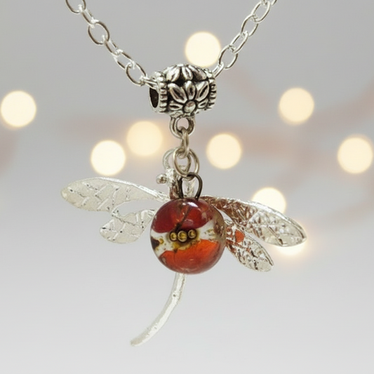 Dragonfly necklace. Recycled fused glass Red, orange and Brown bead.