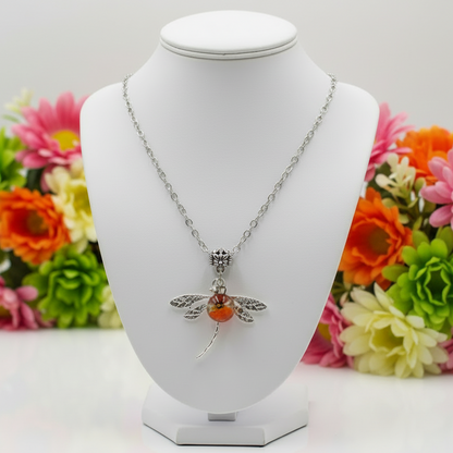 Dragonfly necklace. Recycled fused glass Red, orange and Brown bead.