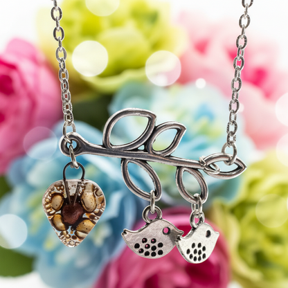 Family pendant. Bird pendant. Recycled Fused Glass necklace. Brown and Copper color heart shape bead