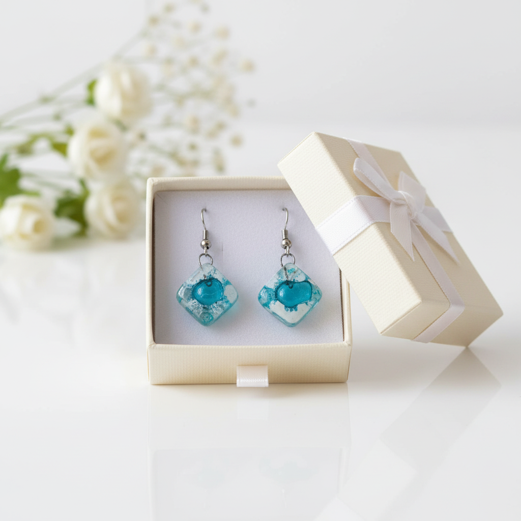 Small Turquoise and white Fused Glass Earrings. Recycled glass small square earrings