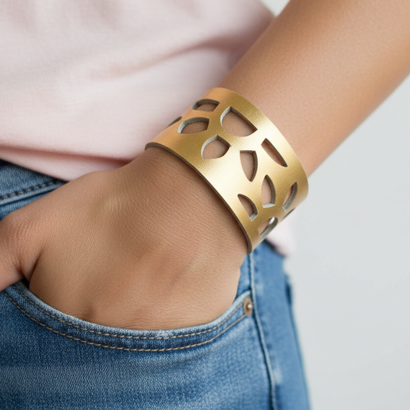 Gold Color Reclaimed Leather Cuff Bracelet. Golden "Sunflowers" Leather Band
