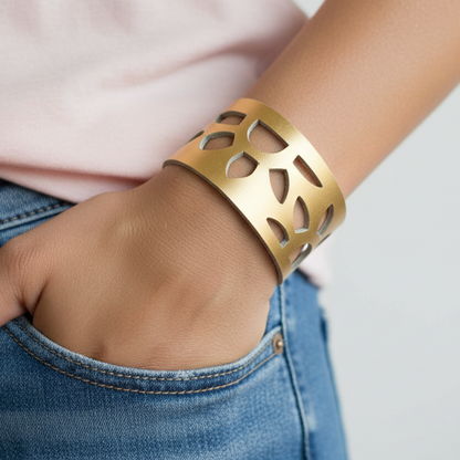 Gold Color Reclaimed Leather Cuff Bracelet. Golden "Sunflowers" Leather Band