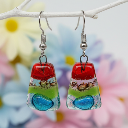Rainbow Fused Glass dangle Earring. Red, turquoise, green and brown Drop Earrings. Glass Art