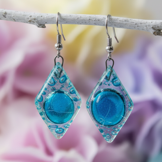 Aqua, turquoise diamond shaped recycled fused Glass Earrings. Glass drop Earrings.