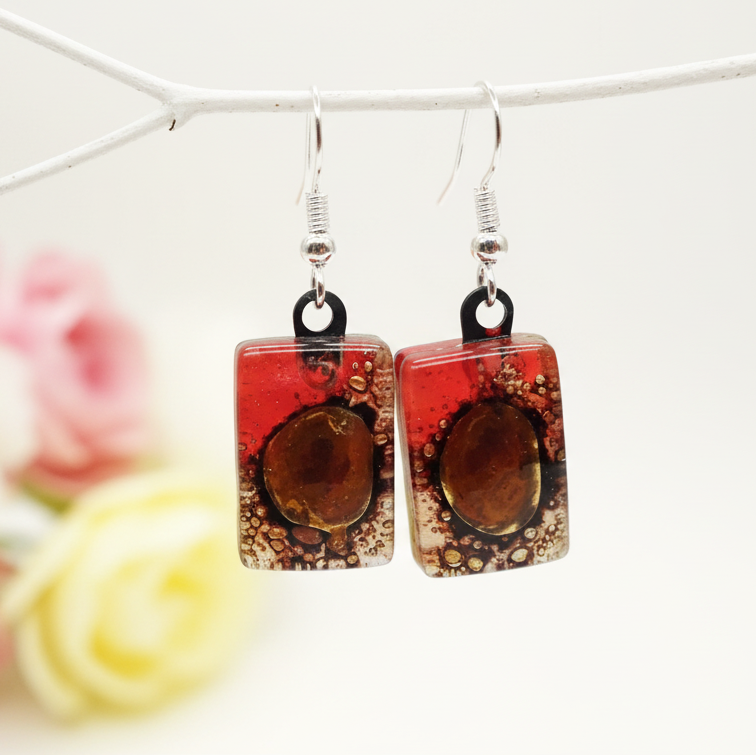 Small Red and Brown bars, Recycled Glass Drop earrings. Fused Glass Dangle Earrings