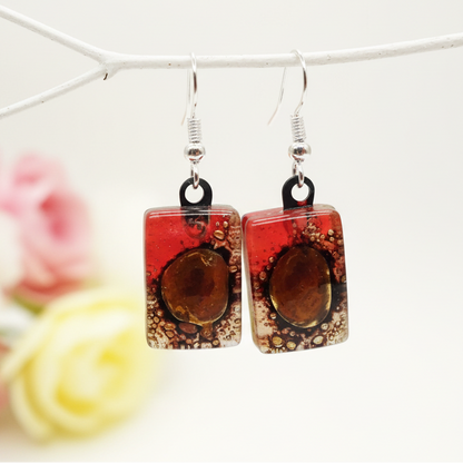 Small Red and Brown bars, Recycled Glass Drop earrings. Fused Glass Dangle Earrings