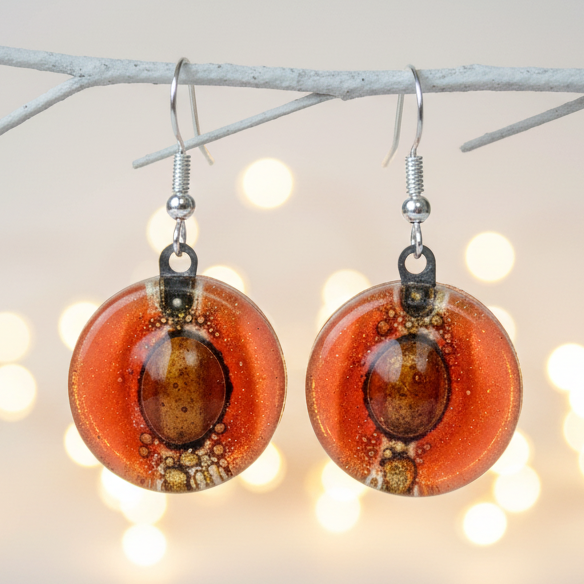 Red and Brown round dangle earring. Orangy red and a caramel Fused Glass Drop Earrings