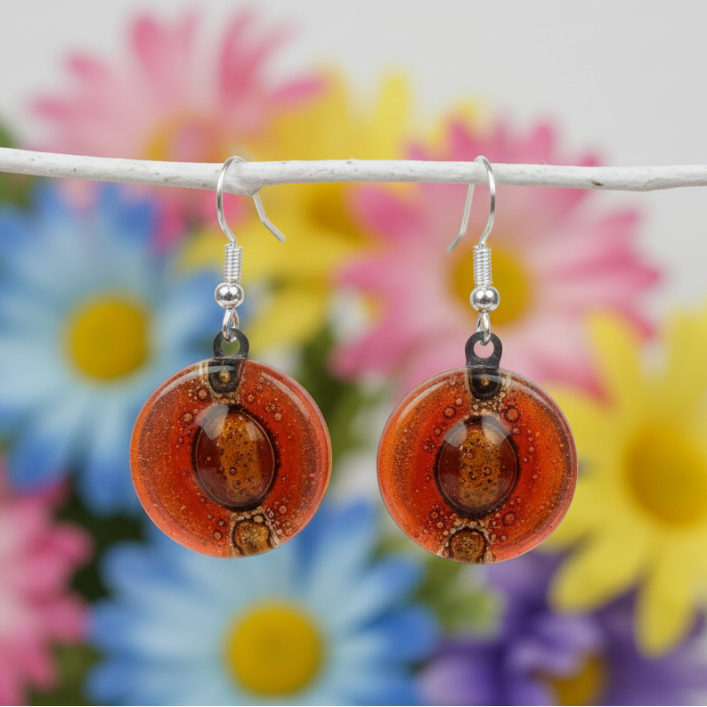 Red and Brown round dangle earring. Orangy red and a caramel Fused Glass Drop Earrings