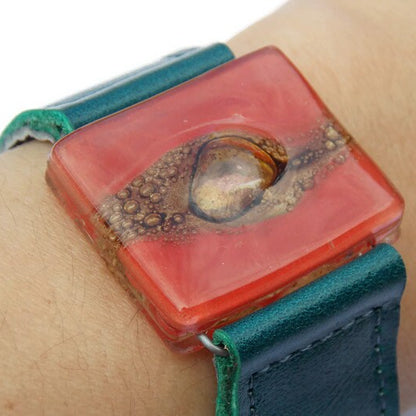 Red Recycled  GLass and Dark Green Thin Leather Cuff Bracelet.