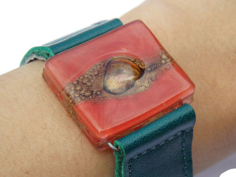 Red Recycled  GLass and Dark Green Thin Leather Cuff Bracelet.
