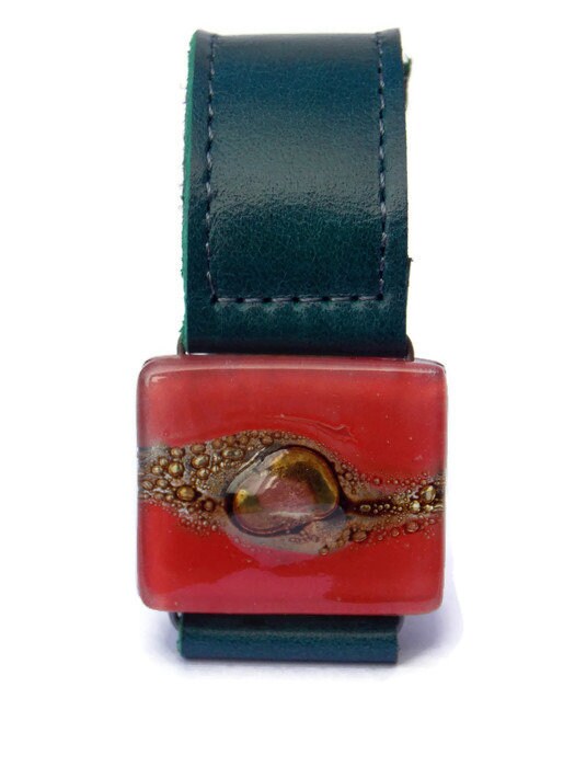 Red Recycled  GLass and Dark Green Thin Leather Cuff Bracelet.