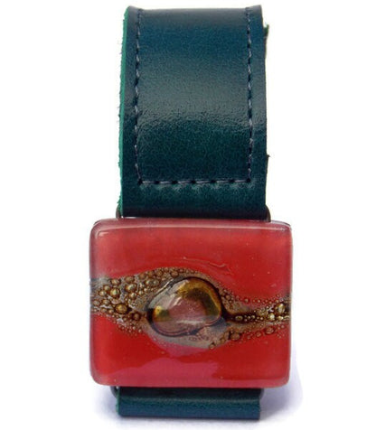 Red Recycled  GLass and Dark Green Thin Leather Cuff Bracelet.