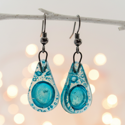 Small Aqua turquoise teardrop recycled Glass Earrings. Blue Fused Glass Earrings