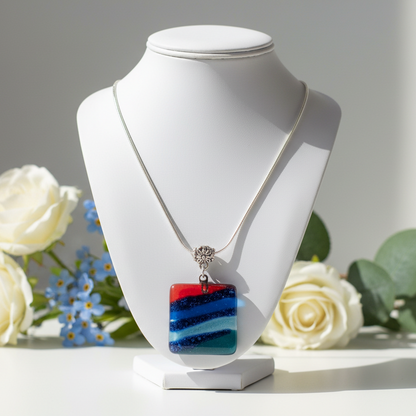 Teal, Blue and Red Fused Glass square Pendant. Recycled Glass Handmade Glass Bead. Handmade necklace