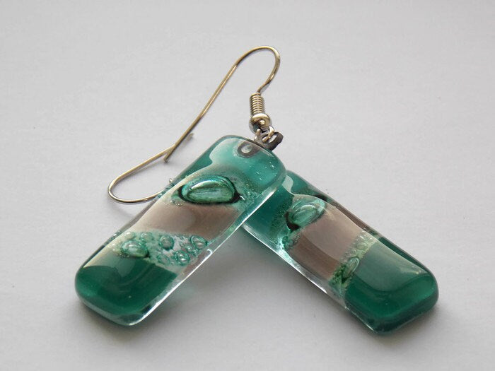 Dangle Earrings Green earrings. Green ans Taupe  Recycled Fused Glass Drop earrings.