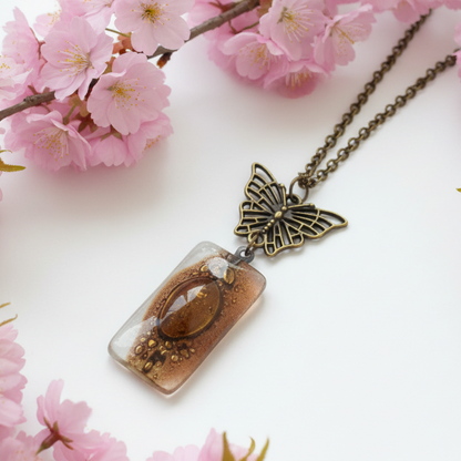 Butterfly pink recycled glass long necklace. Handmade fused glass pendant