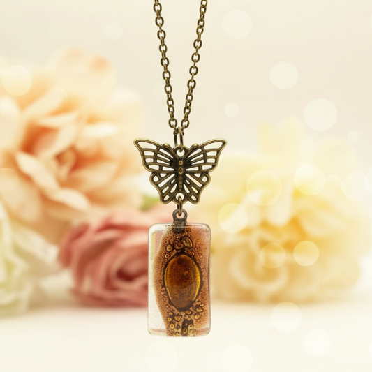 Butterfly pink recycled glass long necklace. Handmade fused glass pendant
