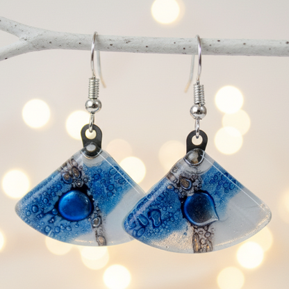 Fan Shaped White Blue and a purply color Recycled Glass Drop Earrings. Dangle Earrings
