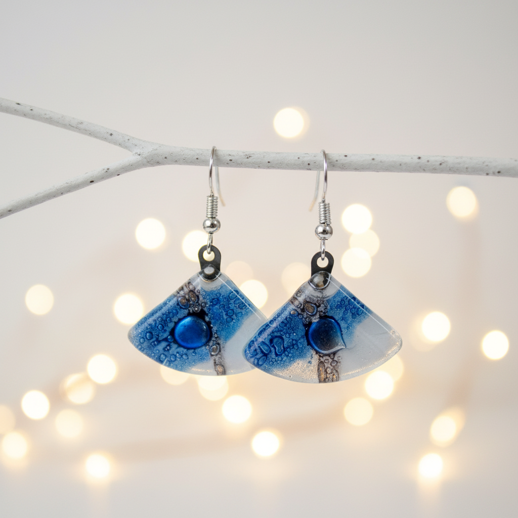 Fan Shaped White Blue and a purply color Recycled Glass Drop Earrings. Dangle Earrings
