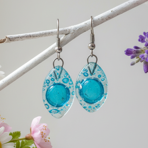 Blue Drop Earrings. Leaf Shaped Turquoise dangle earrings, Recycled Glass. Aqua earrings.