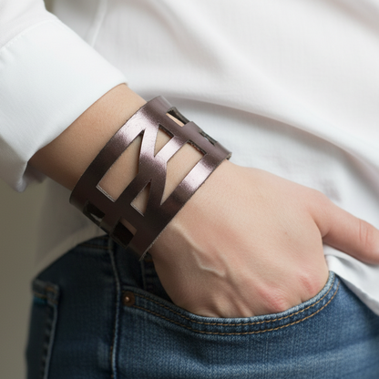 Silver Metallic Reclaimed Leather Cuff Bracelet. Leather wrist Band
