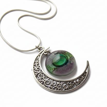 Green and purple moon long pendant Recycled glass. Crescent moon necklace. Magical jewelry.  Universe pendant. Eco-friendly jewelry