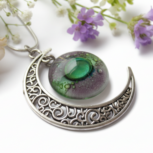 Green and purple moon long pendant Recycled glass. Crescent moon necklace. Magical jewelry.  Universe pendant. Eco-friendly jewelry
