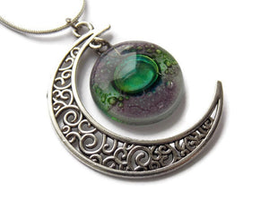 Green and purple moon long pendant Recycled glass. Crescent moon necklace. Magical jewelry.  Universe pendant. Eco-friendly jewelry