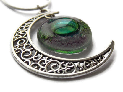 Green and purple moon long pendant Recycled glass. Crescent moon necklace. Magical jewelry.  Universe pendant. Eco-friendly jewelry