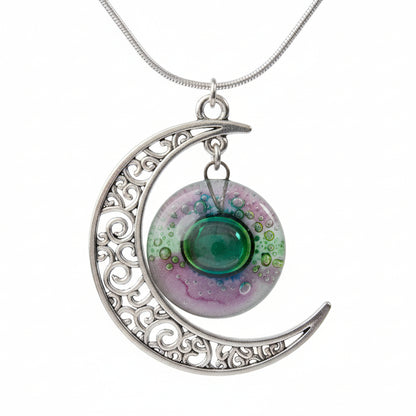 Green and purple moon long pendant Recycled glass. Crescent moon necklace. Magical jewelry.  Universe pendant. Eco-friendly jewelry